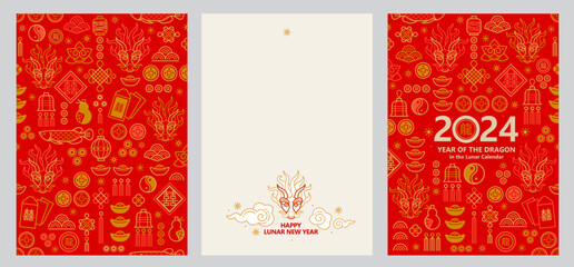 Set of vector premade cards with illustration of the Dragon Zodiac sign, Symbol of 2024 in the Chinese Lunar calendar. Wood Dragon, Chine Calendar. Chinese illustration. China translate: Dragon
