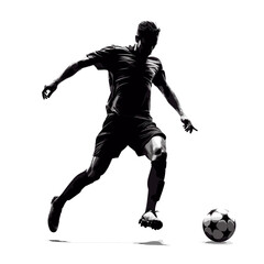 Fototapeta premium Silhouette of man playing soccer, running, kicking the soccer ball