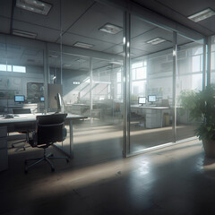 Interior of modern empty open space office with glass walls.