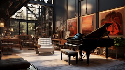 A sophisticated workspace featuring a grand piano and artworks that animate.