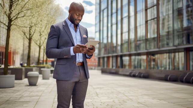 Office handsome man of African descent Or executives are standing and walking on the street using their phones to make transactions, for example. fintech in a business district with tall buildings