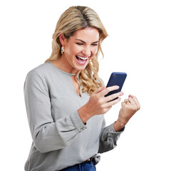Isolated woman, phone and fist celebration with smile, winning and success by transparent png...