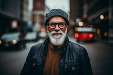 Portrait of a senior man with gray beard and eyeglasses in a city street.
