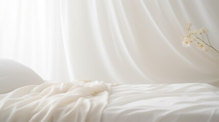 White bed with white sheets and flowers, AI - obrazy, fototapety, plakaty