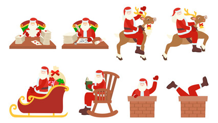 サンタクロース。様々な動作。フラットなベクターイラストセット。 Santa Claus. Various motions. Flat designed vector illustration set.