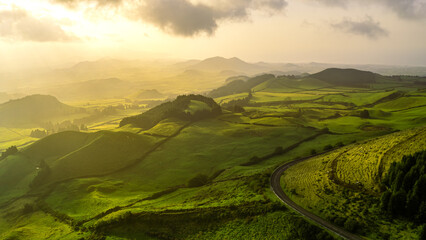 Green fields and meadows on the Portuguese island of São Miguel in the Azores in the early morning...