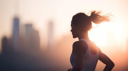 Schilderijen op glas Urban Environment Fitness: A Runner's Silhouette Embracing the Day © mimagephotos