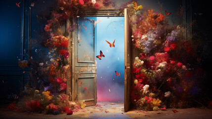Painting of mystical doorway with butterflies flying out of it and bunch of flowers on floor and door. Concept fantasy, magic, nature. Book covers, posters, prints. - obrazy, fototapety, plakaty