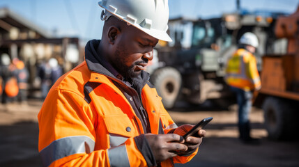 Black African mining construction worker with smartphone - obrazy, fototapety, plakaty