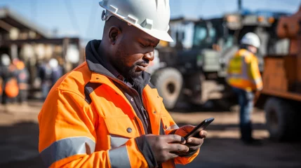 Foto op Aluminium Black African mining construction worker with smartphone © eugenegg