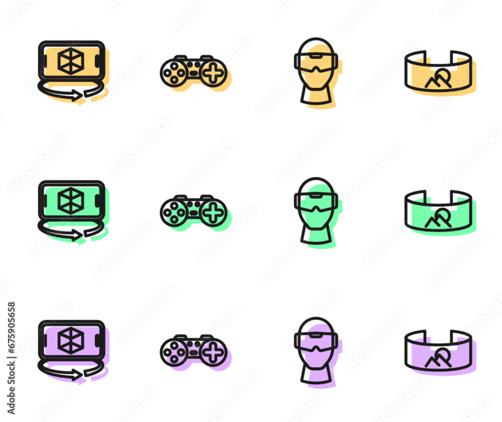 Aufkleber set line virtual reality glasses, 3d modeling, gamepad and 360 degree view icon. vector