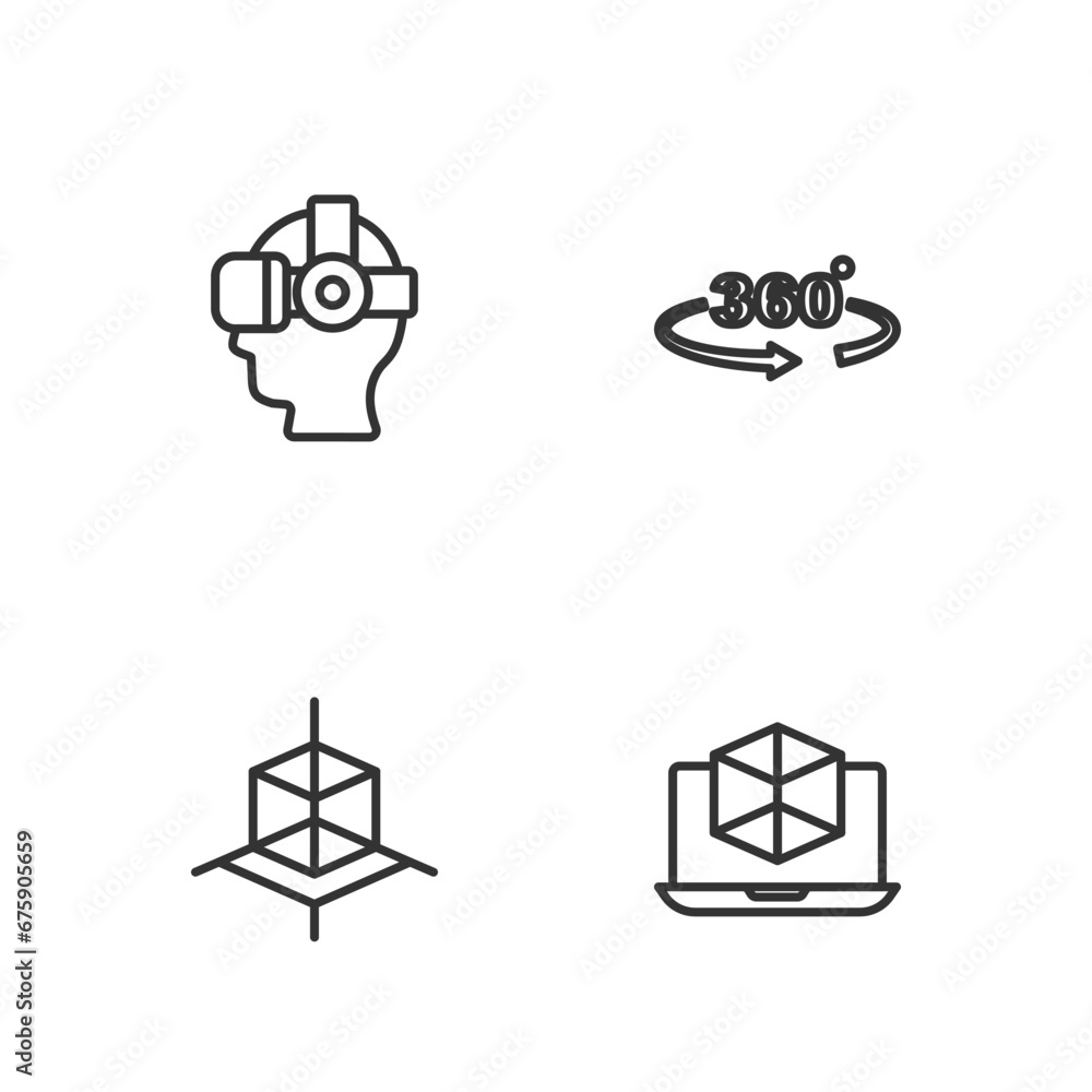 Poster set line 3d modeling, virtual reality glasses and 360 degree view icon. vector