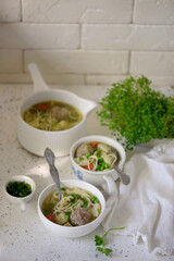 Meetball vegetables soup. style hugge