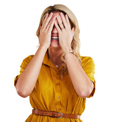 Embarrassed woman, laughing and cover face for funny joke, surprise and shy expression isolated on...