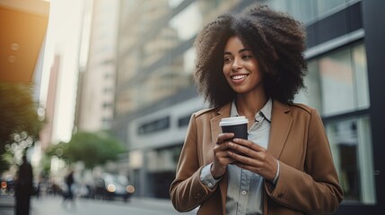 Office girl of African descent Or executives are standing and walking on the street using their phones to make transactions, for example. fintech in a business district with tall buildings - obrazy, fototapety, plakaty