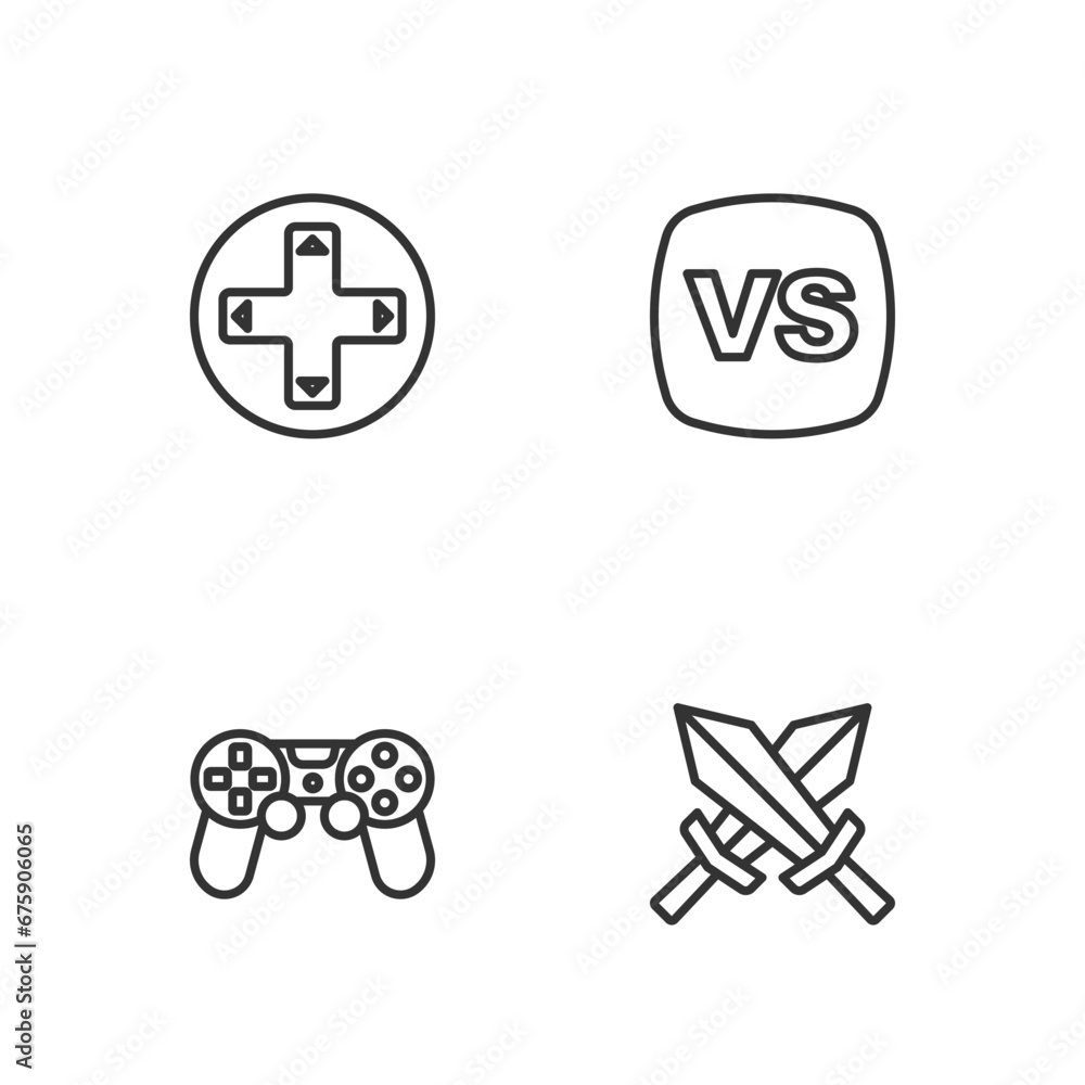 Poster set line sword for game, game controller joystick, and vs versus battle icon. vector