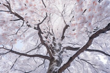 sakura tree view below winter snow