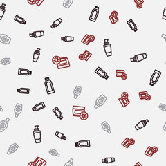 Set line Bottle of shampoo, Tube hand cream, and Sunscreen in tube on seamless pattern. Vector