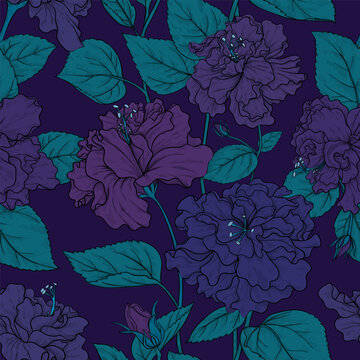 Curly hibiscus large buds and open flowers. Dark theme. For wallpaper or wrapping paper, wedding invitation design