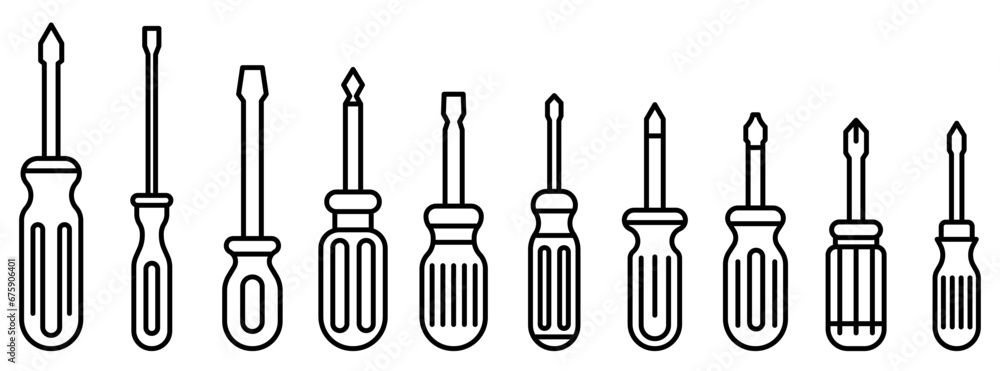 Poster screwdriver icons set. collection of various screwdrivers in flat linear design.