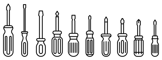 Screwdriver icons set. Collection of various screwdrivers in flat linear design. - obrazy, fototapety, plakaty