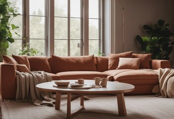 Cozy terra cotta fabric corner sofa near window Scandinavian interior design of modern living room