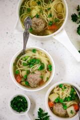 Meetball vegetables soup. style hugge