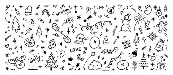 Set of Christmas cute pen line doodle element vector. Hand drawn doodle style collection of Happy New Year icon. Design for print, cartoon, card, decoration, sticker.