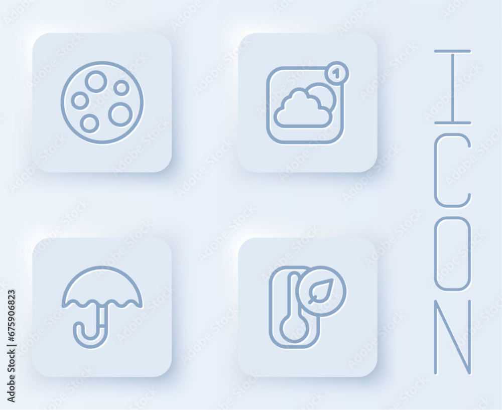Poster set line moon, weather forecast app, umbrella and thermometer. white square button. vector