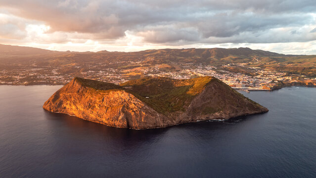 Drone shot of sunset at Monte Brasil Caldeira in the south of the Portuguese island of Terceira in the Azores