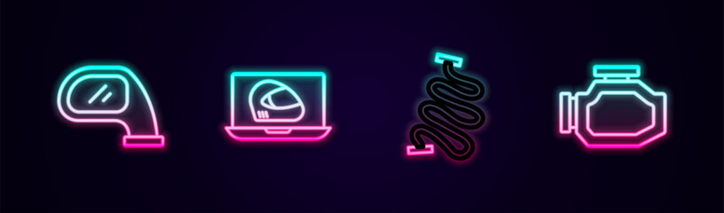 Set line Car mirror, Racing helmet, track and Check engine. Glowing neon icon. Vector - obrazy, fototapety, plakaty