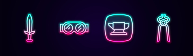 Set line Medieval sword, Welding glasses, Blacksmith anvil tool and pliers. Glowing neon icon. Vector - obrazy, fototapety, plakaty
