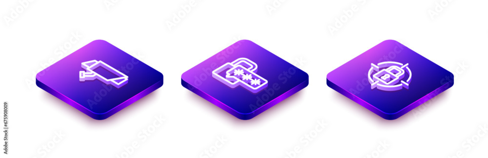 Poster set isometric line security camera, cyber security and lock icon. vector