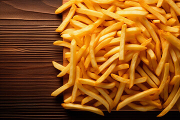 Pile of golden french fries on dark wooden background