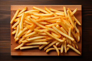 Pile of golden french fries on a wooden board