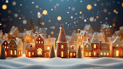Gingerbread Town Village: Festive Abstract Christmas Decoration with Bokeh Lights