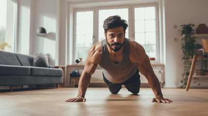 young indian man doing pushup exercise in living room - obrazy, fototapety, plakaty