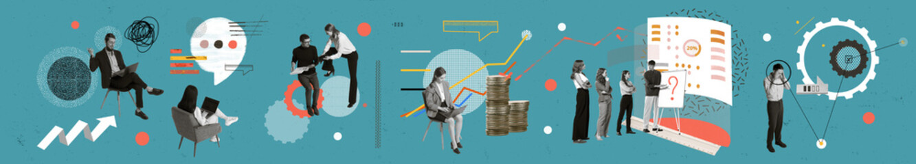 Employees working on strategies to developing economical growth, checking financial graphs. Contemporary art collage. Concept of business, innovations, traders, trade market, analytics - obrazy, fototapety, plakaty