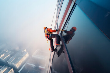 High-altitude climber. The profession of working at height. An industrial climber works on a skyscraper is attached by insurance for safety.  - obrazy, fototapety, plakaty