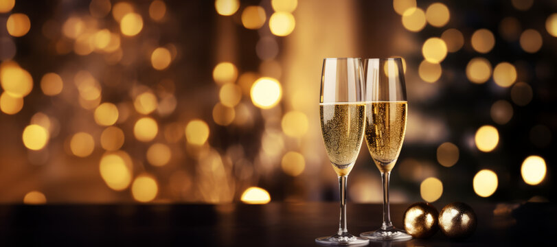 Two champagne flutes on a table, illuminated by lights, creating an elegant and romantic ambiance.