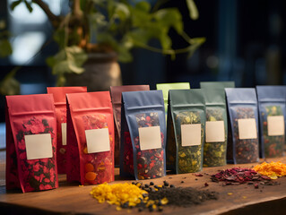 Naklejka na ściany i meble Variety of Herbal Teas for Wellness, Loose Leaves and Bags