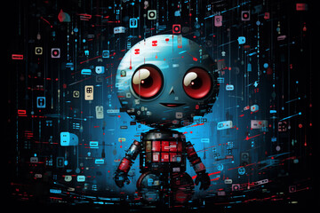 Robot with red eyes and digital backdrop