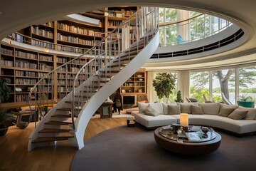 two-story library with a stunning spiral staircase as the focal point