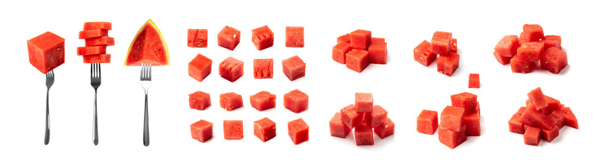 Watermelon Cuts Set Isolated, Water Melon Slices, Red Cubes Collection, Square Fruit Pieces