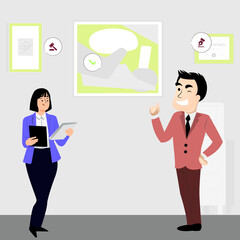 Immerse your designs in dynamics of workplace guidance with illustrative portrayal of boss providing constructive feedback to employee. Whether for workplace improvement visuals, leadership promotion.