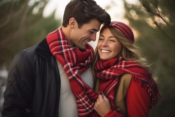 Fototapeta premium An Adorable Couple Wrapped in a Single Christmas Scarf Celebrating the Festive Season Together