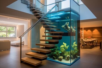 Transform a room with a floating staircase and a built-in fish tank beneath
