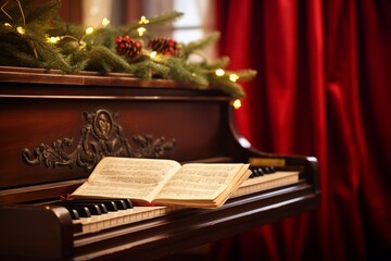 Antique sheet music of beloved Christmas carols adorning a grand piano for a festive celebration