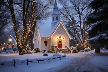Snowflakes Falling on a Local Church Preparing for Christmas Eve's Midnight Mass - obrazy, fototapety, plakaty
