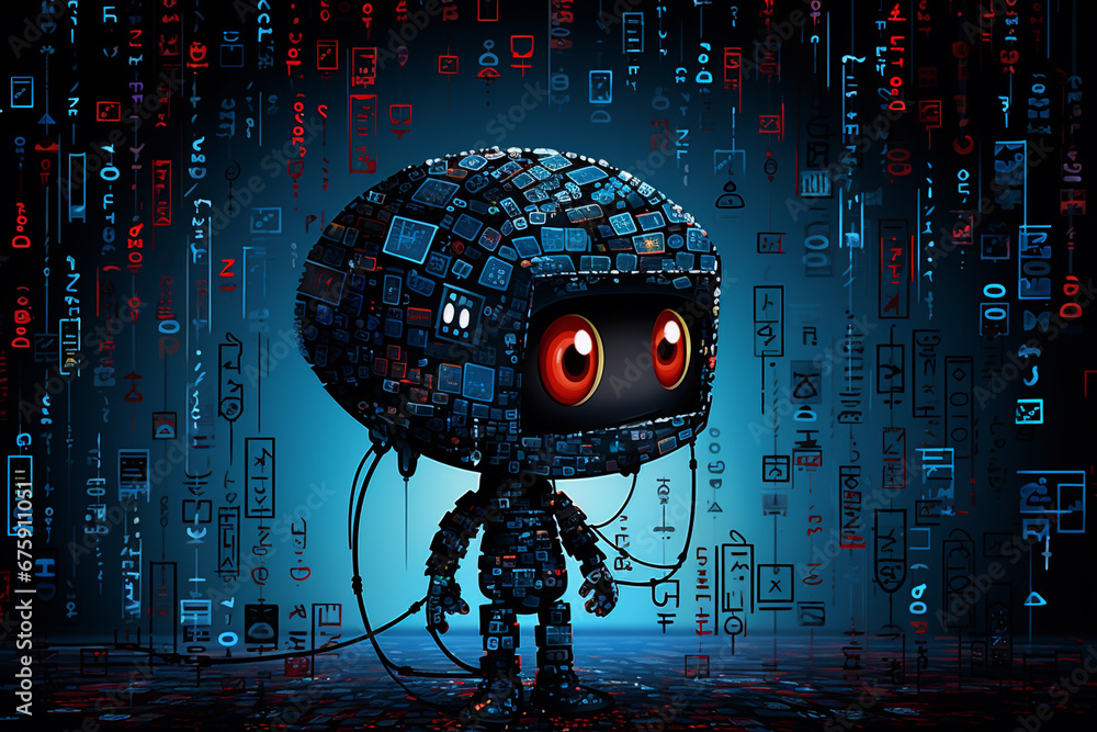 Poster robot with big eyes in a digital code environment